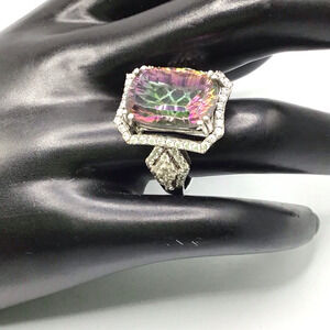 925 Sterling Silver Mystic Topaz CZ Halo Cocktail Ring Size 7.5 Multicolor